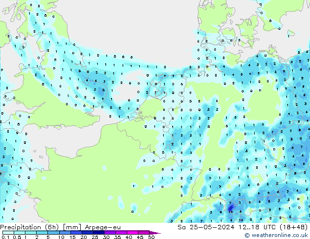 Precipitação (6h) Arpege-eu Sáb 25.05.2024 18 UTC