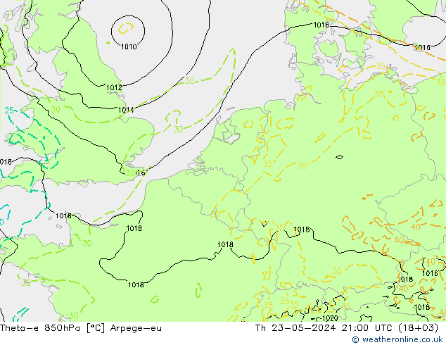 Theta-e 850hPa Arpege-eu Čt 23.05.2024 21 UTC