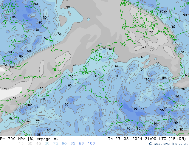 RH 700 hPa Arpege-eu Do 23.05.2024 21 UTC