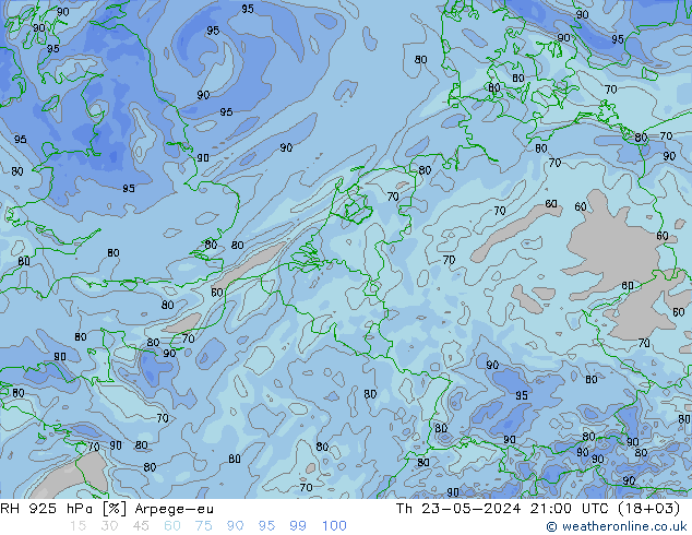 Humedad rel. 925hPa Arpege-eu jue 23.05.2024 21 UTC