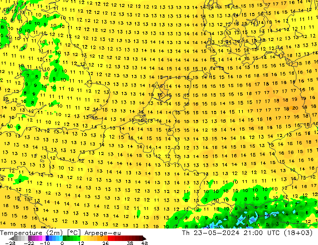 温度图 Arpege-eu 星期四 23.05.2024 21 UTC