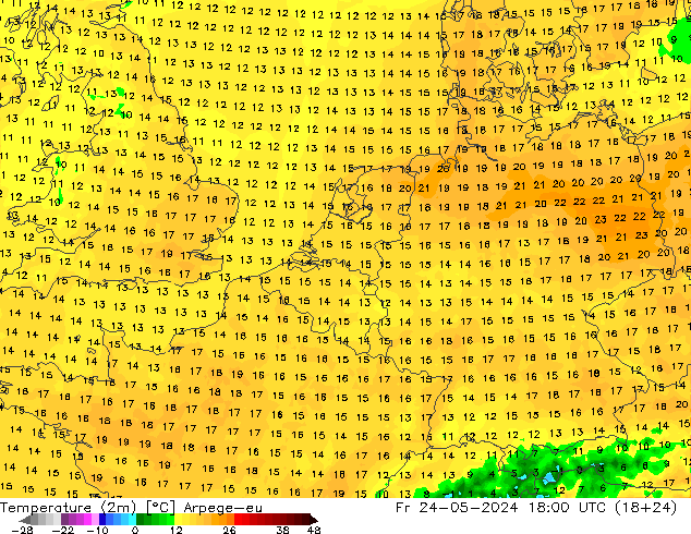 Temperaturkarte (2m) Arpege-eu Fr 24.05.2024 18 UTC