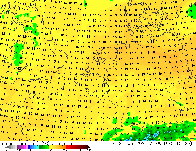 Temperaturkarte (2m) Arpege-eu Fr 24.05.2024 21 UTC
