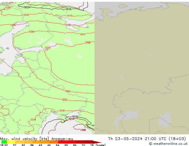 Max. wind velocity Arpege-eu Čt 23.05.2024 21 UTC