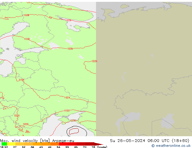 Max. wind velocity Arpege-eu  26.05.2024 06 UTC