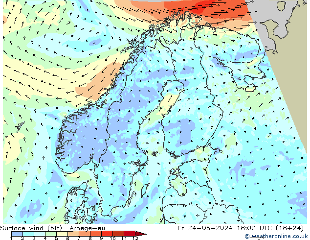 Bodenwind (bft) Arpege-eu Fr 24.05.2024 18 UTC