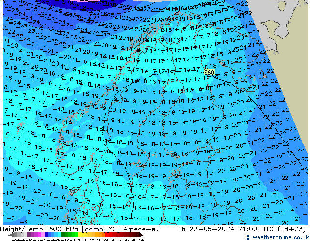 Height/Temp. 500 hPa Arpege-eu czw. 23.05.2024 21 UTC