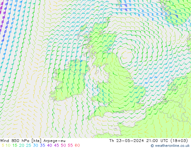 Wind 850 hPa Arpege-eu Th 23.05.2024 21 UTC