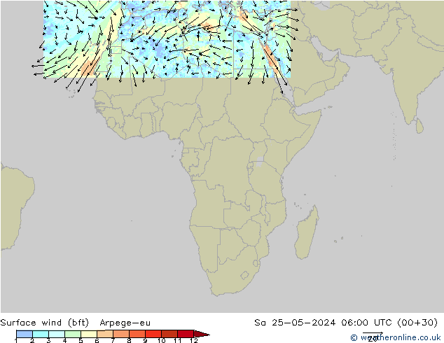 Surface wind (bft) Arpege-eu Sa 25.05.2024 06 UTC