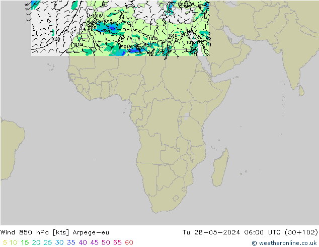 Wind 850 hPa Arpege-eu Út 28.05.2024 06 UTC