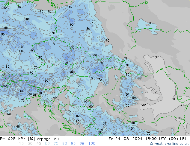 Humidité rel. 925 hPa Arpege-eu ven 24.05.2024 18 UTC