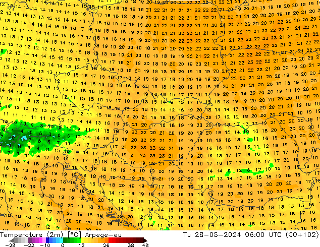 Temperature (2m) Arpege-eu Út 28.05.2024 06 UTC