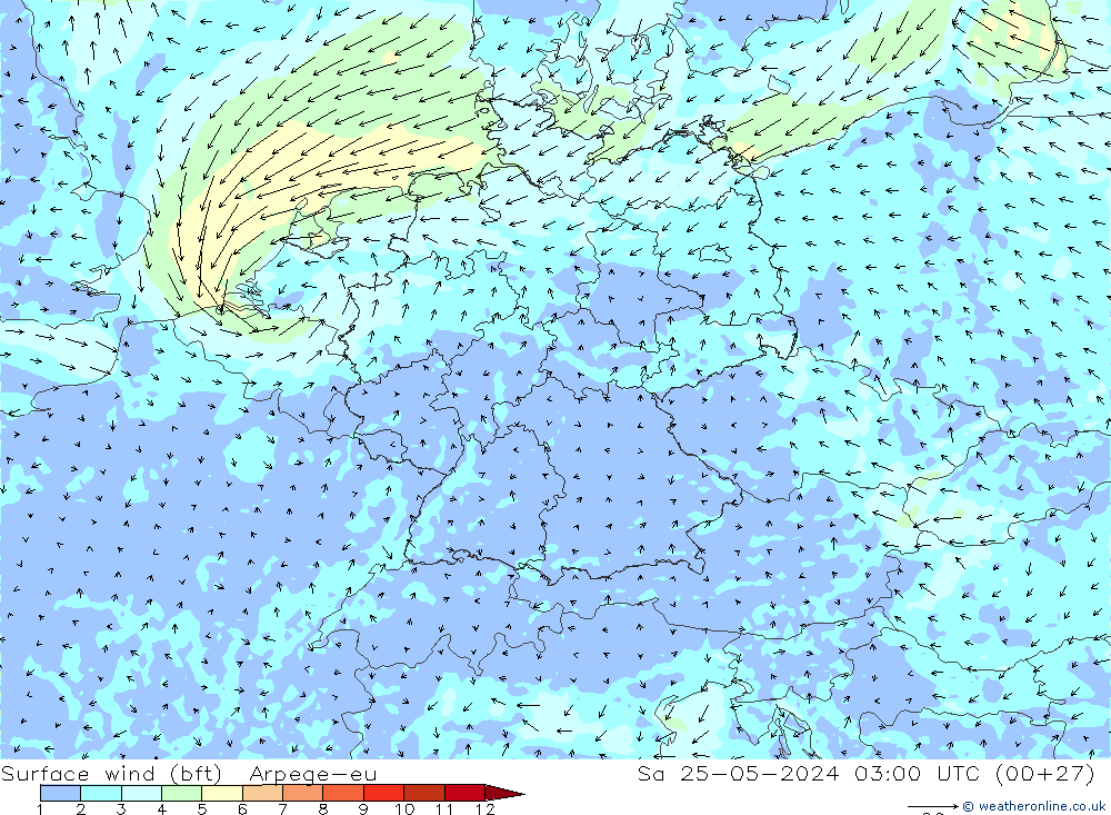Vento 10 m (bft) Arpege-eu sab 25.05.2024 03 UTC