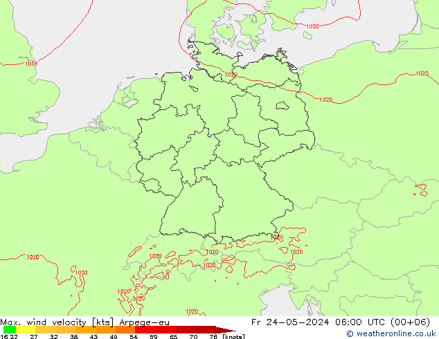 Max. wind velocity Arpege-eu Fr 24.05.2024 06 UTC