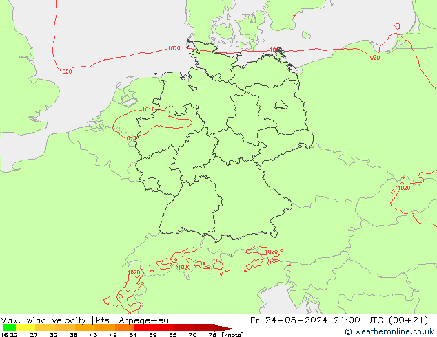 Max. wind velocity Arpege-eu 星期五 24.05.2024 21 UTC