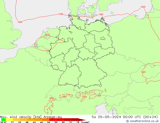 Max. wind velocity Arpege-eu сб 25.05.2024 00 UTC