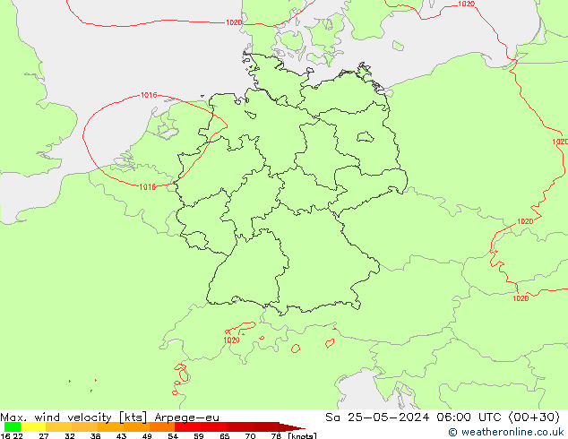 Max. wind velocity Arpege-eu sam 25.05.2024 06 UTC