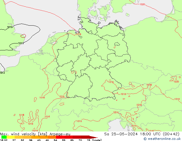 Max. wind velocity Arpege-eu  25.05.2024 18 UTC