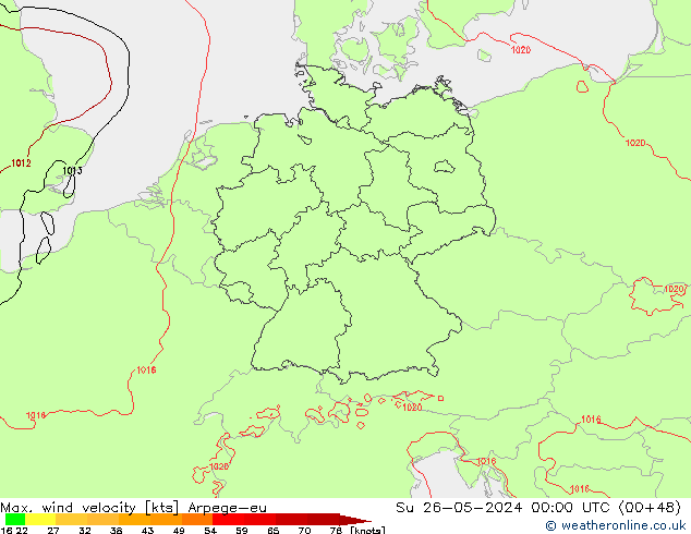 Max. wind velocity Arpege-eu Ne 26.05.2024 00 UTC