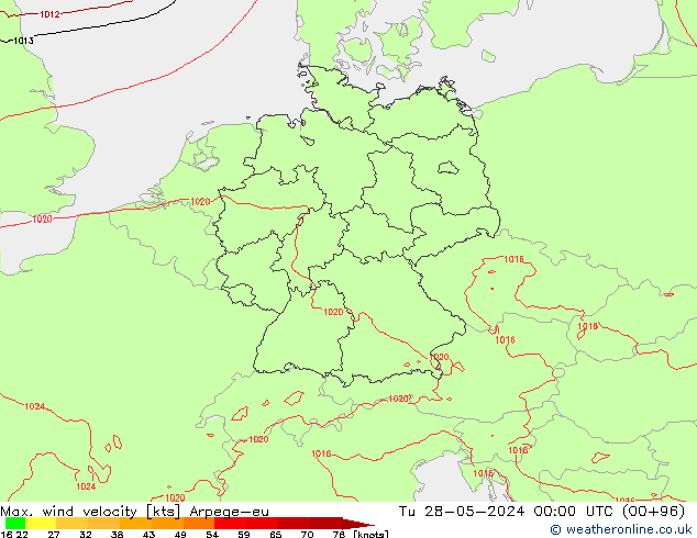 Max. wind velocity Arpege-eu mar 28.05.2024 00 UTC