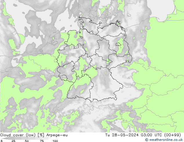 Cloud cover (low) Arpege-eu Tu 28.05.2024 03 UTC