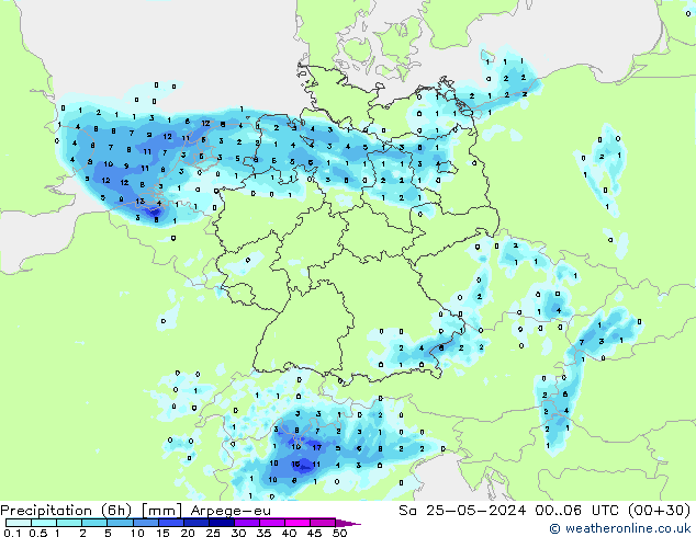 Precipitation (6h) Arpege-eu Sa 25.05.2024 06 UTC