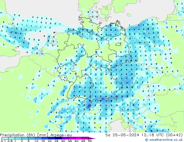 Precipitação (6h) Arpege-eu Sáb 25.05.2024 18 UTC