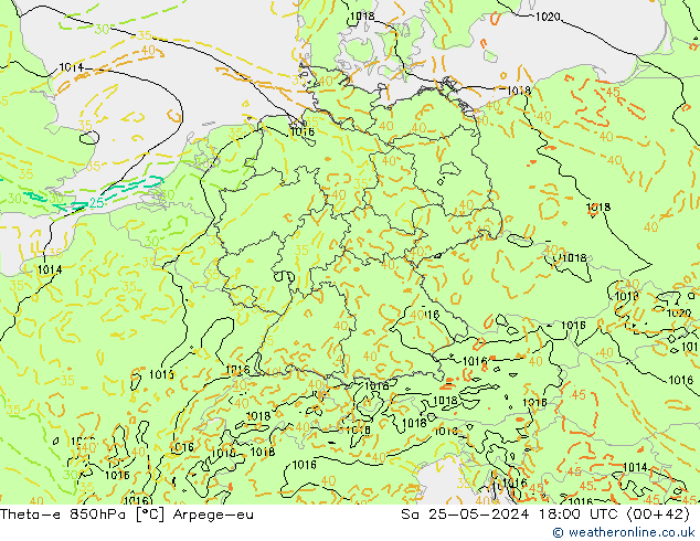 Theta-e 850hPa Arpege-eu za 25.05.2024 18 UTC