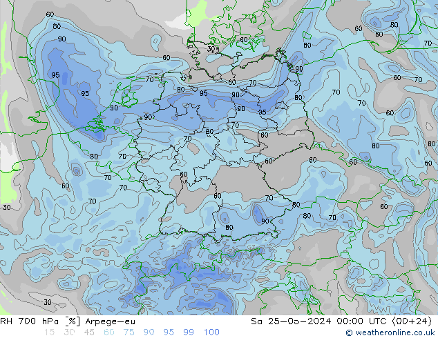 Humedad rel. 700hPa Arpege-eu sáb 25.05.2024 00 UTC