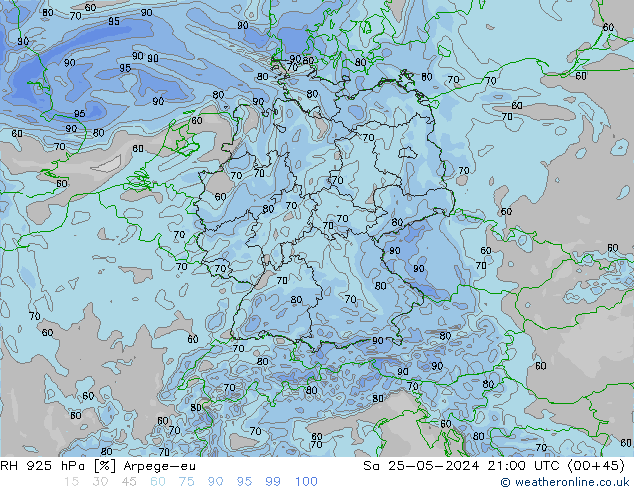 Humedad rel. 925hPa Arpege-eu sáb 25.05.2024 21 UTC