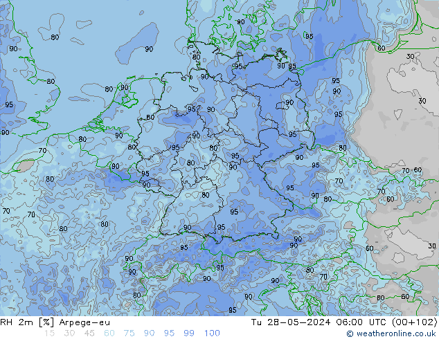 RH 2m Arpege-eu Út 28.05.2024 06 UTC