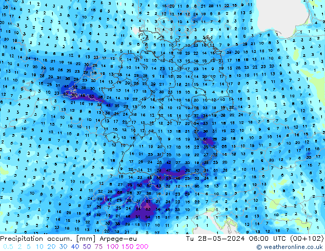 Precipitation accum. Arpege-eu Út 28.05.2024 06 UTC