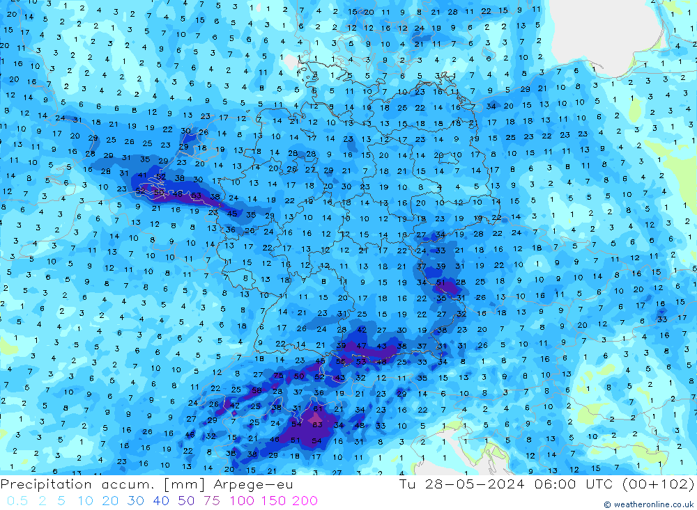 Precipitation accum. Arpege-eu Ter 28.05.2024 06 UTC