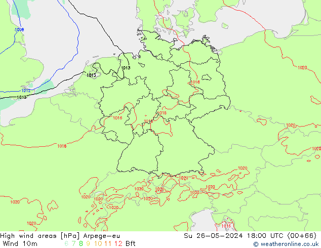 High wind areas Arpege-eu  26.05.2024 18 UTC