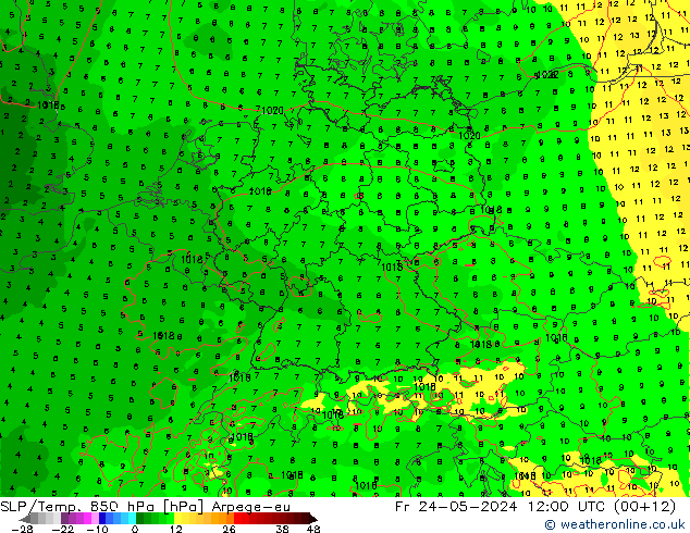 SLP/Temp. 850 hPa Arpege-eu Fr 24.05.2024 12 UTC