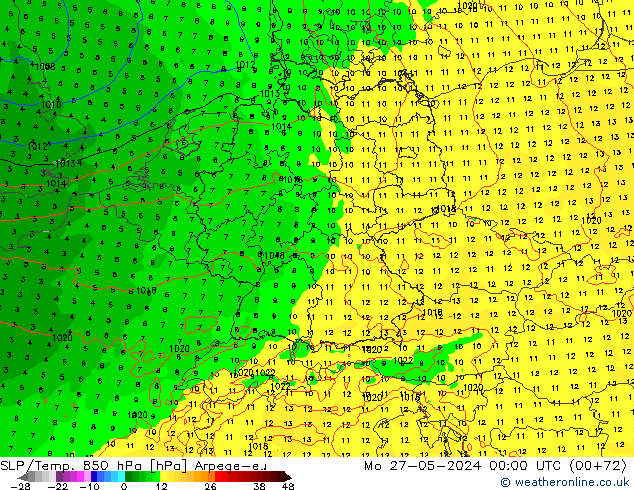 SLP/Temp. 850 hPa Arpege-eu pon. 27.05.2024 00 UTC