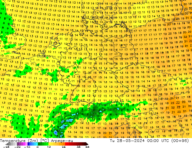 Temperatuurkaart (2m) Arpege-eu di 28.05.2024 00 UTC