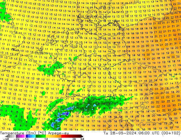 Temperatura (2m) Arpege-eu Ter 28.05.2024 06 UTC