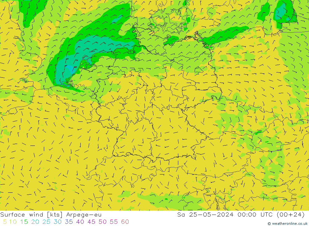 Viento 10 m Arpege-eu sáb 25.05.2024 00 UTC