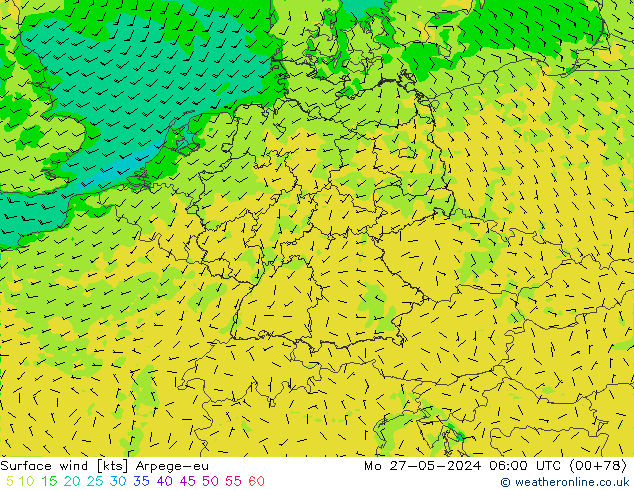 Wind 10 m Arpege-eu ma 27.05.2024 06 UTC