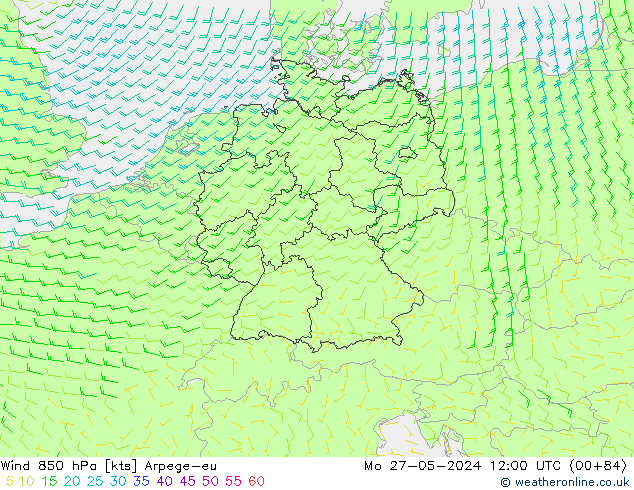 Viento 850 hPa Arpege-eu lun 27.05.2024 12 UTC