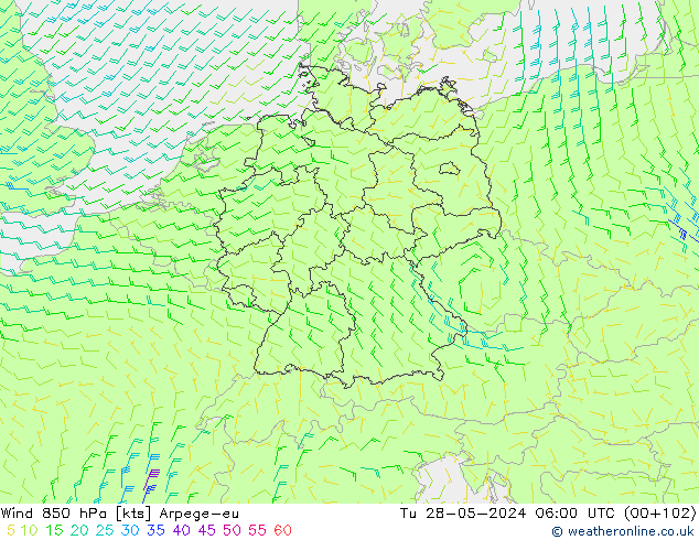 ветер 850 гПа Arpege-eu вт 28.05.2024 06 UTC