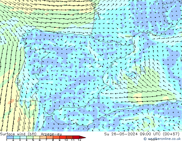 Vento 10 m (bft) Arpege-eu dom 26.05.2024 09 UTC
