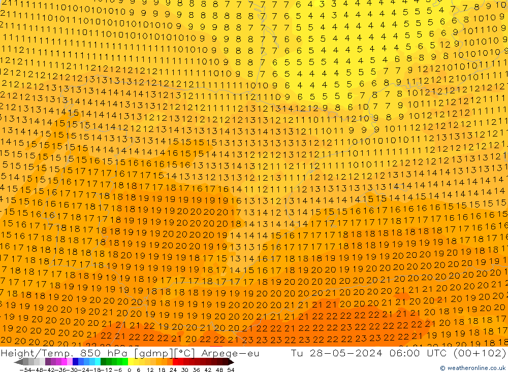 Hoogte/Temp. 850 hPa Arpege-eu di 28.05.2024 06 UTC