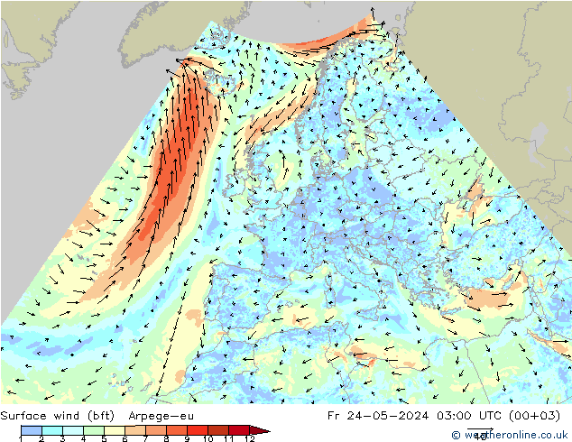 Surface wind (bft) Arpege-eu Fr 24.05.2024 03 UTC