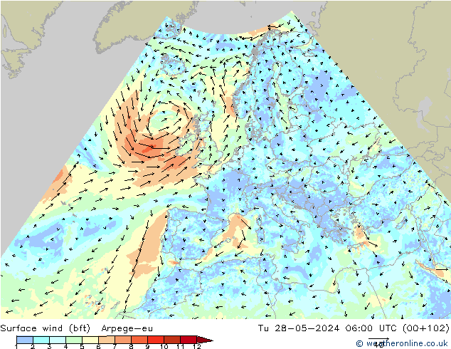 Vento 10 m (bft) Arpege-eu mar 28.05.2024 06 UTC