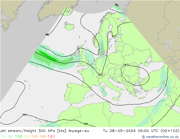 Jet stream/Height 300 hPa Arpege-eu Út 28.05.2024 06 UTC