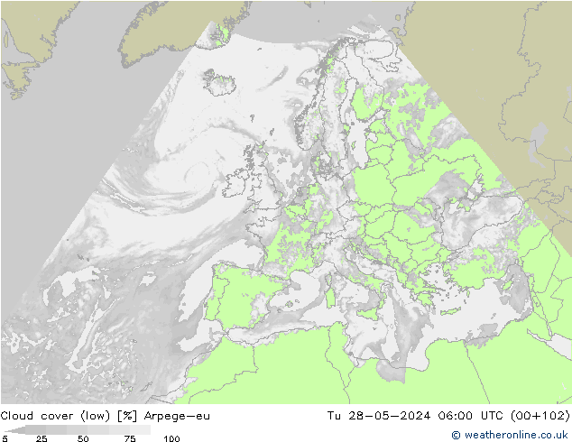 Cloud cover (low) Arpege-eu Tu 28.05.2024 06 UTC