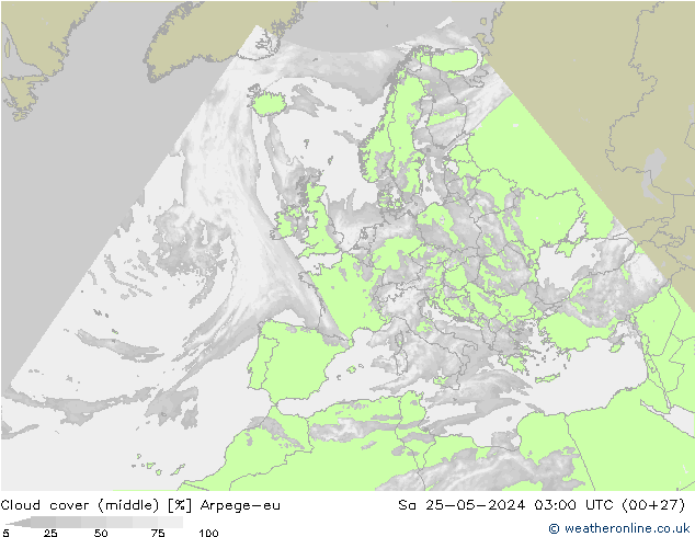 Cloud cover (middle) Arpege-eu Sa 25.05.2024 03 UTC