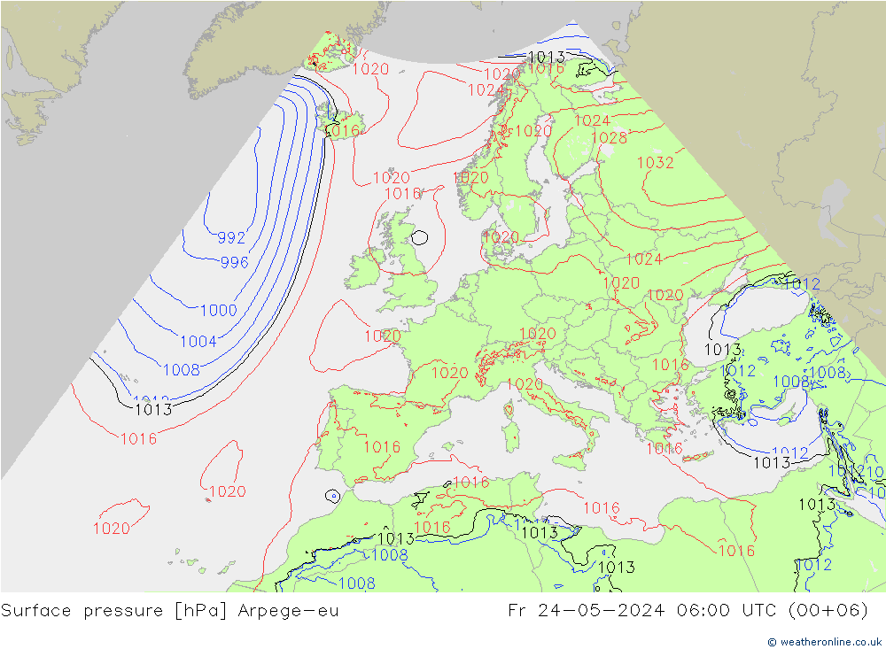 Atmosférický tlak Arpege-eu Pá 24.05.2024 06 UTC